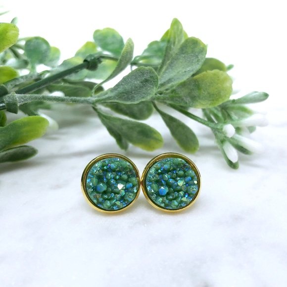 Green Druzy Earrings - Picture 2 of 4